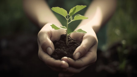 Hands holding young plant with soil on blurred background, closeupの素材