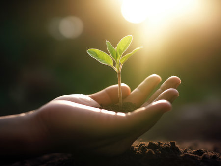 Human hand holding a green seedling growing from soil on blurred nature backgroundの素材