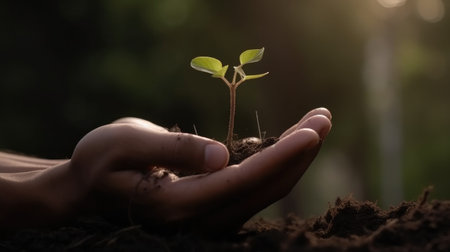 Human hands holding green seedling growing on fertile soil with blurred nature backgroundの素材