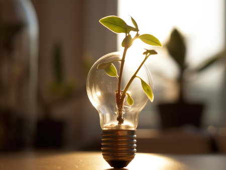 Energy saving light bulb with plant inside. Eco friendly concept. Selective focus.の素材