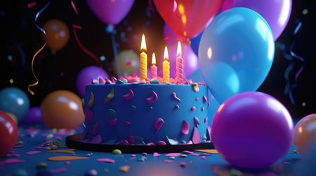 Birthday cake with candles, balloons and confetti on dark backgroundの素材
