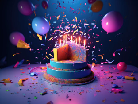 Birthday cake with burning candles and confetti, 3d renderの素材