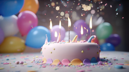 Birthday cake with burning candles and colorful balloons on blurred background, closeupの素材
