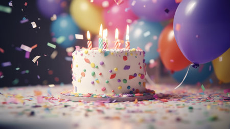 Birthday cake with candles and confetti, 3d rendering toned imageの素材