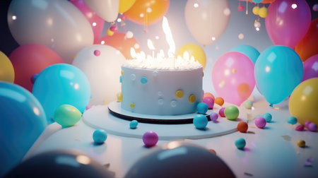 Birthday cake with colorful balloons and confetti. 3d renderingの素材