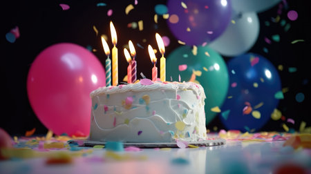 Birthday cake with burning candles and confetti on a black backgroundの素材