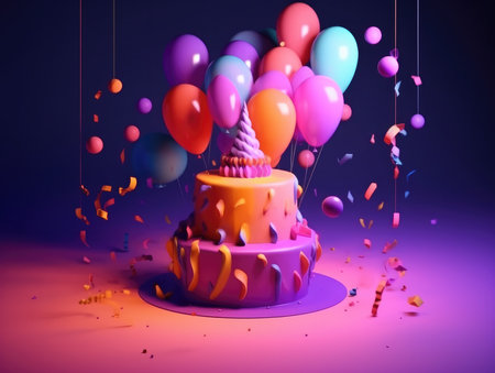 Birthday cake with balloons and confetti. 3D rendering.の素材