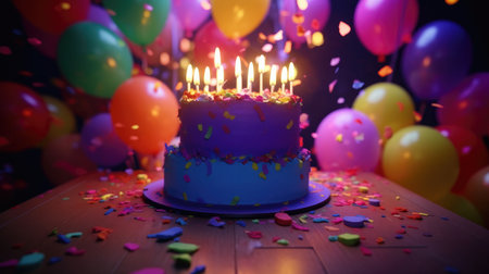 Birthday cake with burning candles on wooden table with colorful balloons on backgroundの素材