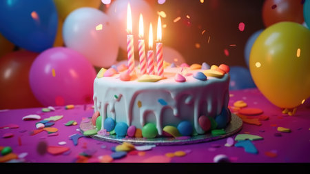 Birthday cake with burning candles and colorful balloons on a purple backgroundの素材