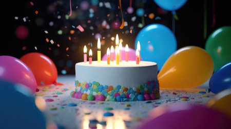 Birthday cake with colorful balloons and confetti, 3d renderの素材