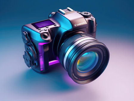 Retro camera on a blue background. 3D rendering illustration.の素材