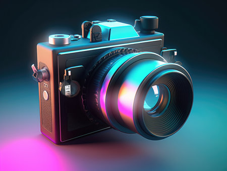 Digital SLR camera on blue background. 3d render illustration.の素材