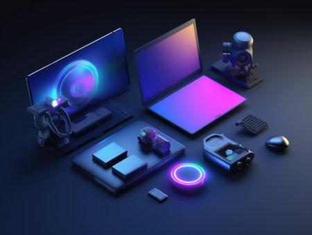 london, england, 05/05/2018 A set of home appliances and electronics for the home or office on a blue background.の素材