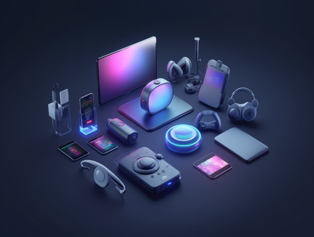 3d illustration of a set of electronic devices on a dark backgroundの素材