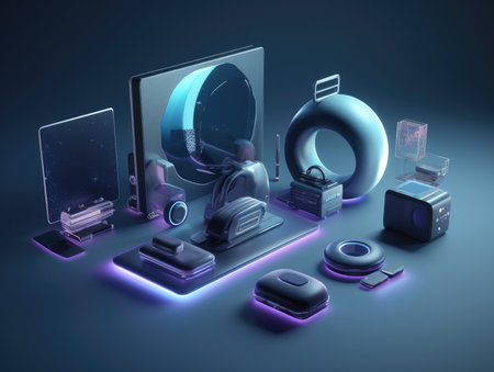 3d rendering of a set of different electronic devices in neon lightの素材