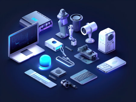 3d rendering of a set of gaming accessories on a dark backgroundの素材