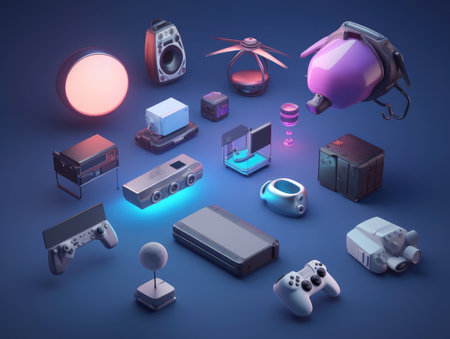 3d rendering of a set of video game equipment on a blue backgroundの素材