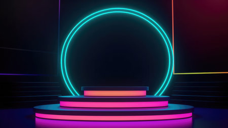 Abstract minimal scene with neon light and round podium. 3d renderingの素材