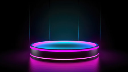 Abstract round podium illuminated with neon light. Stage backdrop. Vector illustrationの素材