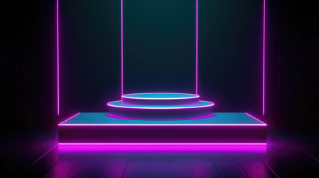 3d rendering, glowing neon podium in dark room, illuminated by ultraviolet lightの素材