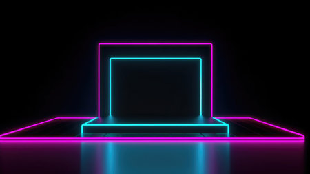 3d render, abstract background with neon lights, empty glowing podiumの素材