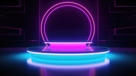 Neon round podium with glowing neon lights, 3d render abstract backgroundの素材