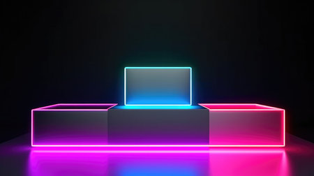 Neon glowing podium on black background. Mock up, 3D Renderingの素材