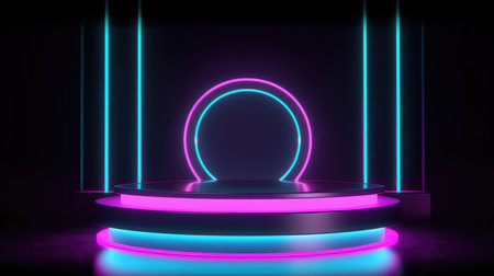 Neon round podium in dark room with neon lights. 3d renderingの素材