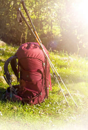 A purple hiking backpack with camping equipment and trekking polesの写真素材