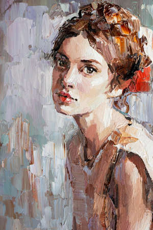 Young woman with beautiful mysterious brown eyes. Textured art.の写真素材