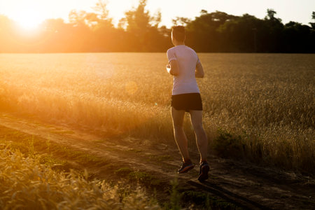 Man jogging along the trail at sunset.の写真素材