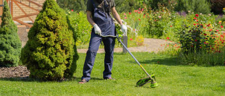 A young white man is mowing a lawn with a lawn mower in his backyard garden