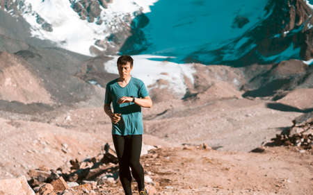 Man is running, training in the moruntains.の写真素材