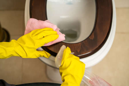 Girl is cleaning house with a detergent.の写真素材