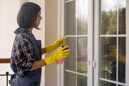 Young girl washes the windows.
