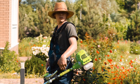 Man with a lawnmower cares for the grass in the backyard.