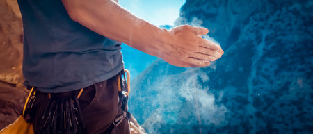 Man climbs with magnesium powder, hands closeup.の写真素材