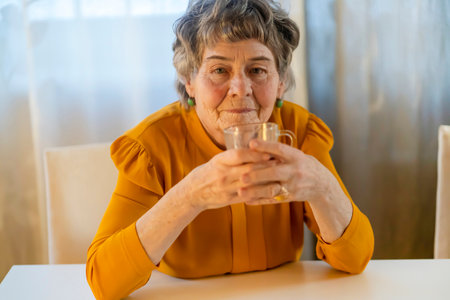 Old retired gray-haired woman in yellow blouse.