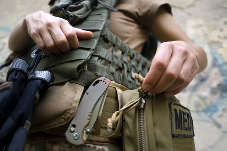 A soldier, a tactical medic opens a first aid kit, close-up view.の写真素材