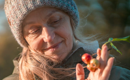 An elderly 60 beautiful woman with a kind smile is walking outdoors