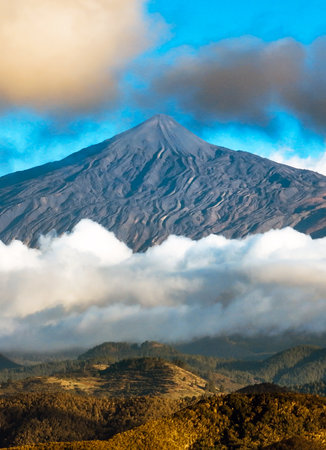 Teide volcano at sunset among clouds, Tenerife, Canary islands.の写真素材