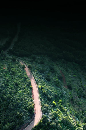 A road among the mountains and green forests at sunset after the rain, view from above.