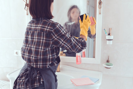 Young woman is washing mirror in the bathrom.の写真素材