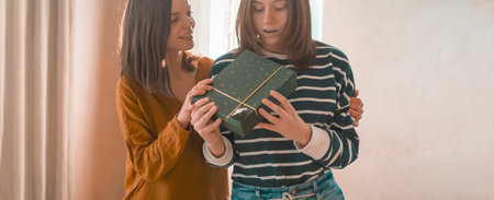 Two happy girls celebrate holiday, making gifts.の写真素材