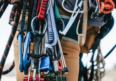Mountaineering gear with carabiners, ropes, belay devices on a young man closeup.