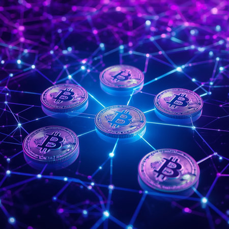 Bitcoin coins with network connection. Cryptocurrency concept. 3D Renderingの素材