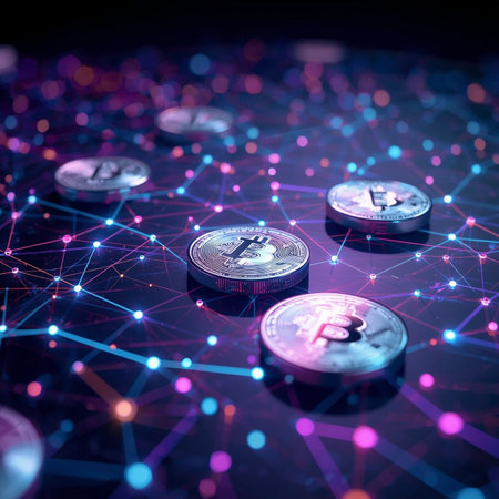 Bitcoin coins with network connections. Cryptocurrency concept. 3D Renderingの素材