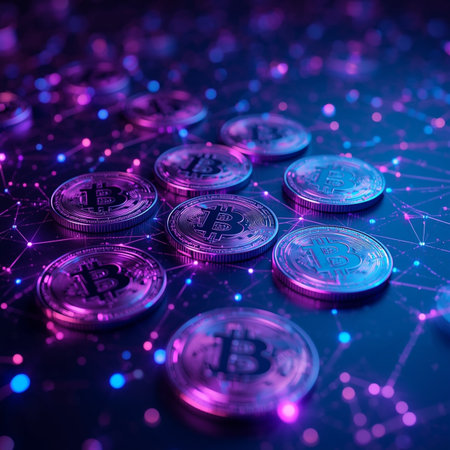 Stack of bitcoins with glowing lights on dark background. Cryptocurrency conceptの素材