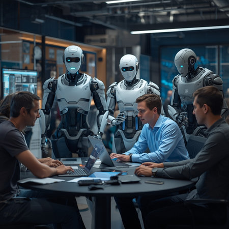 Group of young business people and robot working together in modern office.の素材