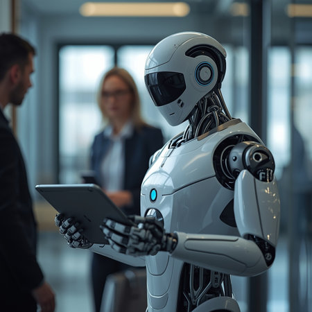 Side view of a robot holding a digital tablet while standing in a modern officeの素材